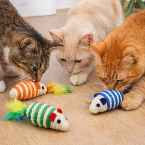 Set de 3 Ratones hechos de Cuerda y Plumas para Gato